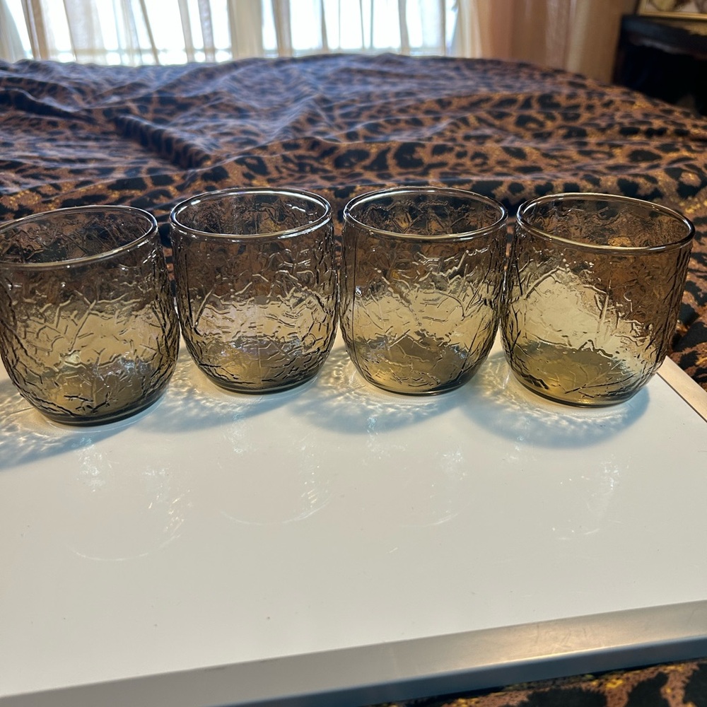 Vtg Anchor Hocking 4 Glasses spicy brown textured leaf embossed design - Picture 4 of 10